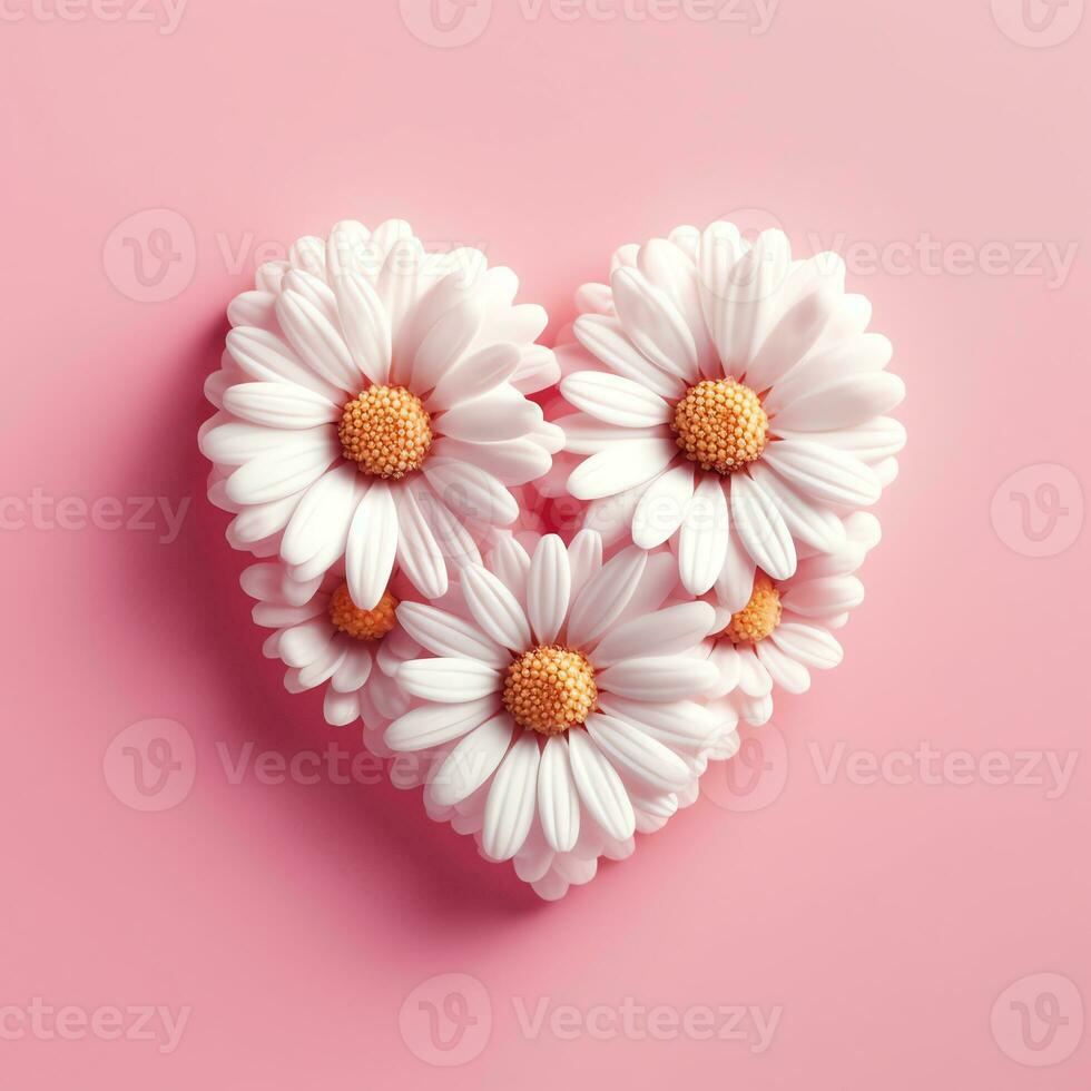 a heart shaped Chamomile decorated with daisies on a pink background photo