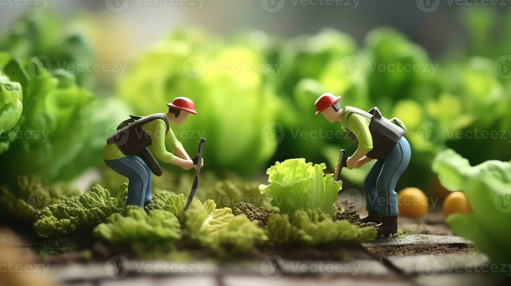 a miniature workers working on lettuce photo