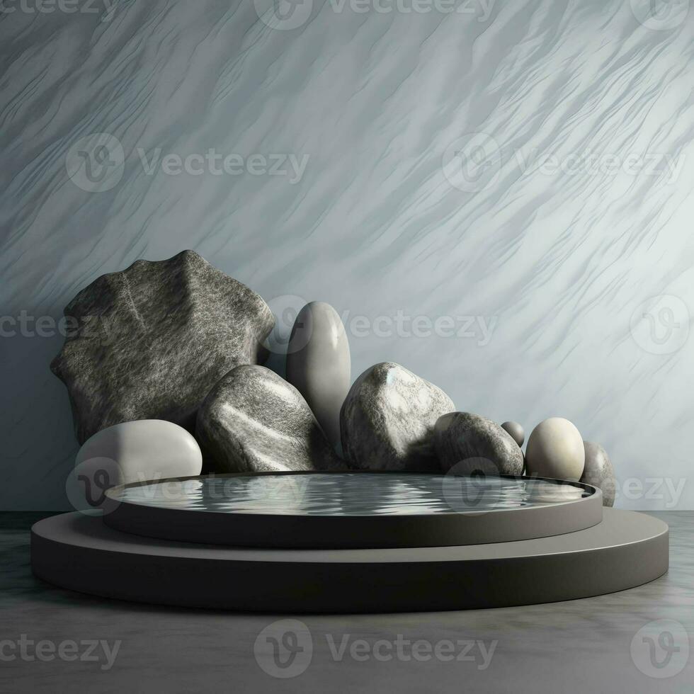 product presentation mockup with rocks and water empty podium on black background photo