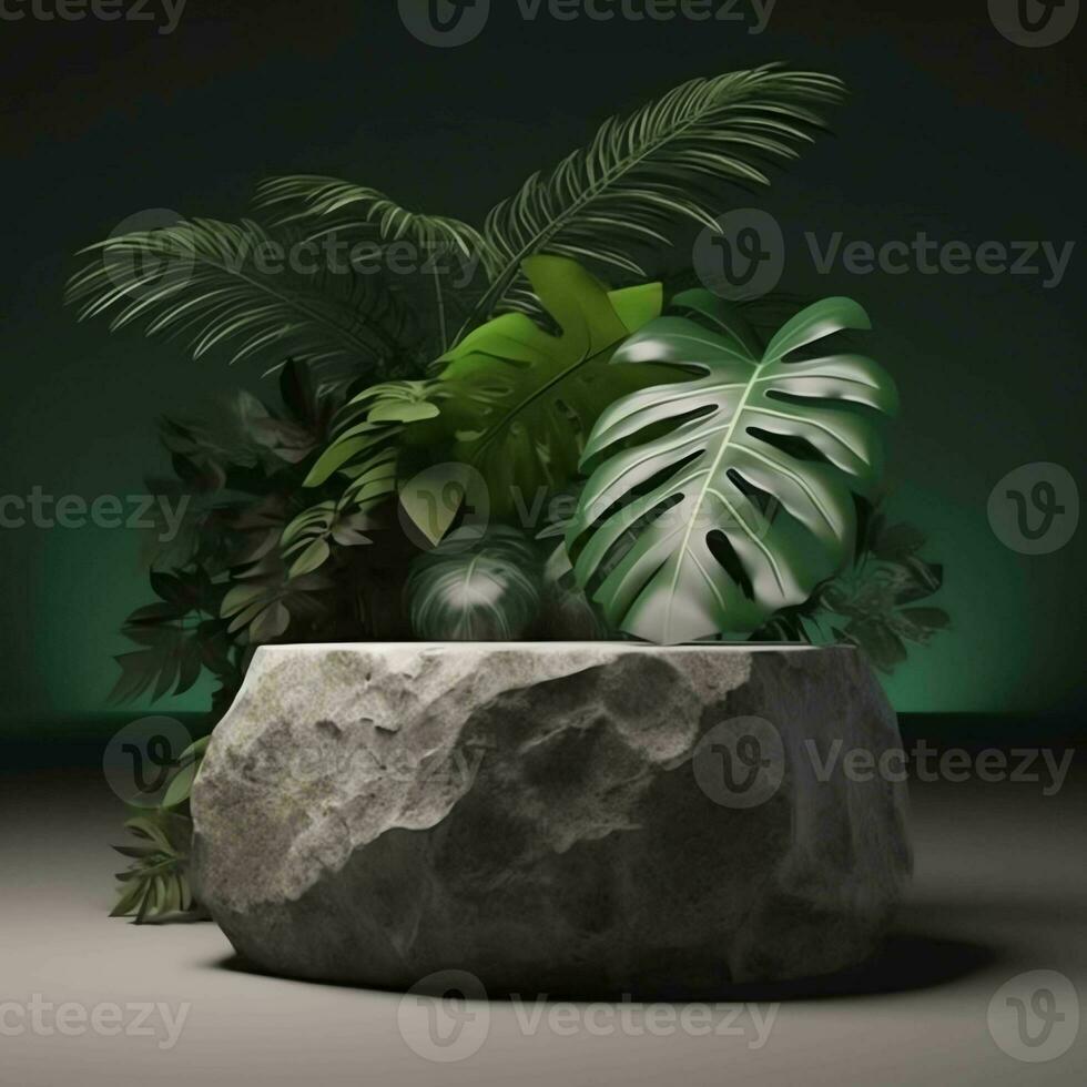 Stone podium for cosmetic display  with nature tropical leaves photo