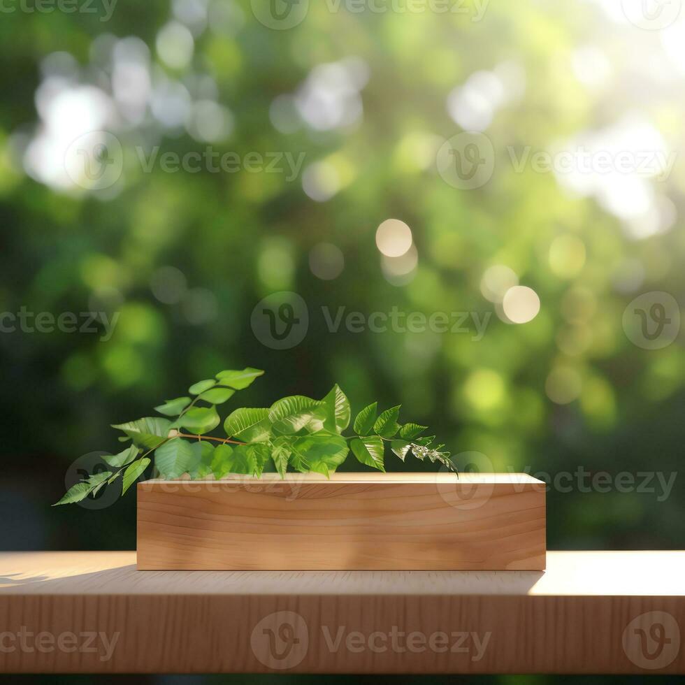 Wooden product display podium with blurred nature leaves photo