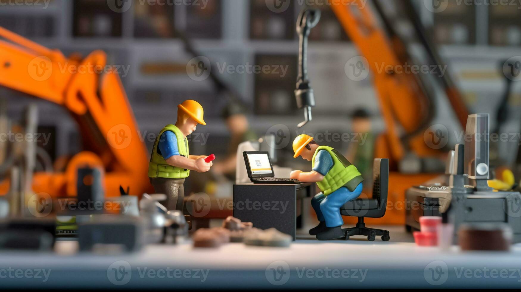 un miniatura trabajadores trabajando en oficina foto