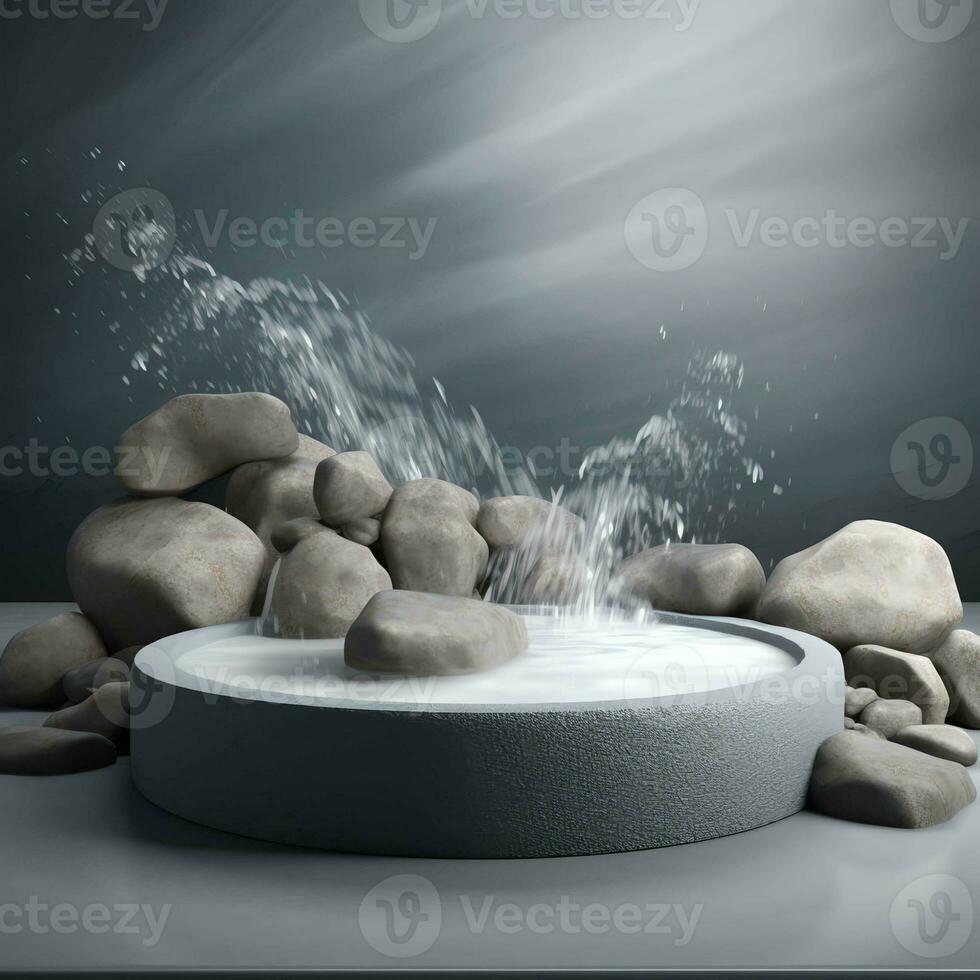 product presentation mockup with rocks and water empty podium on black background photo