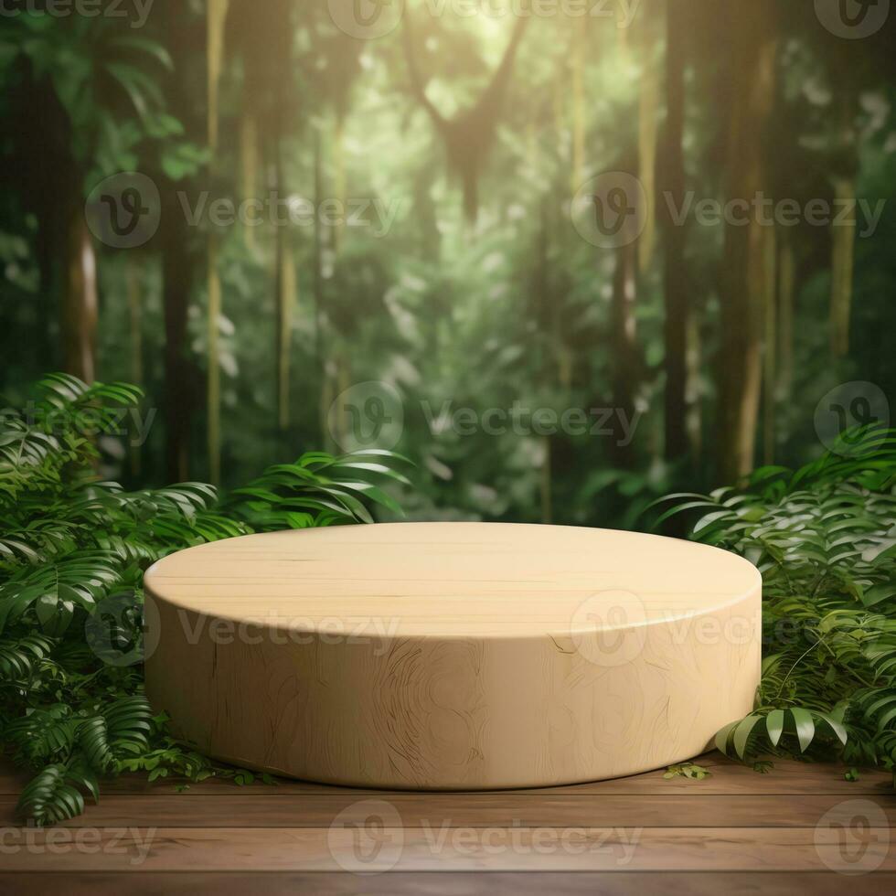 Wooden product display podium with blurred nature leaves background photo