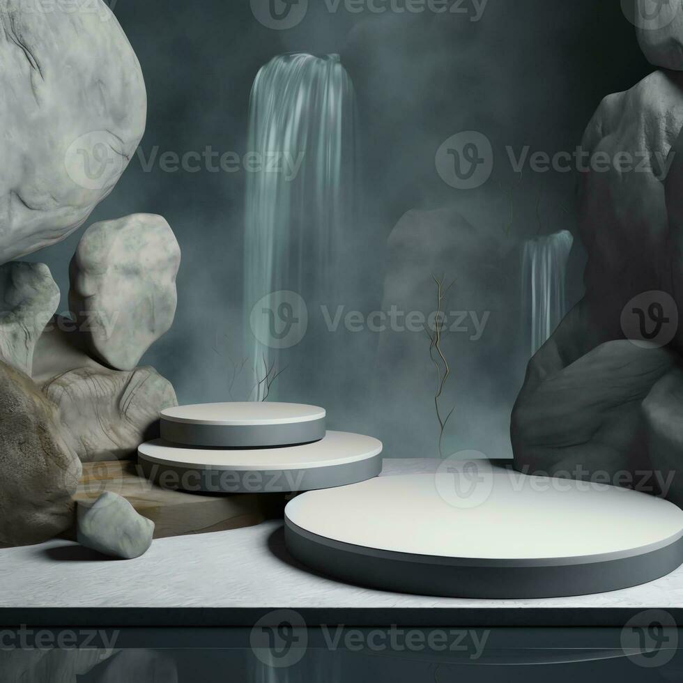 product presentation mockup with rocks and water empty podium on black background photo