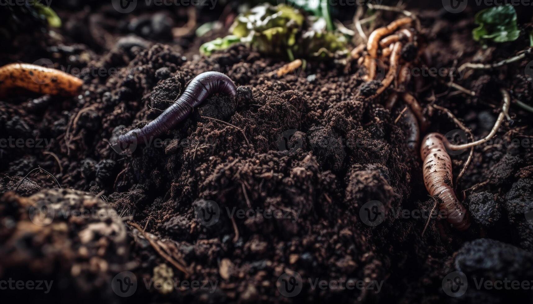 Slimy earthworm crawls on wet green leaf generated by AI photo