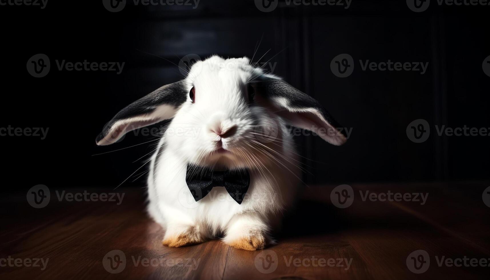 Fluffy baby rabbit looking at camera indoors generated by AI photo