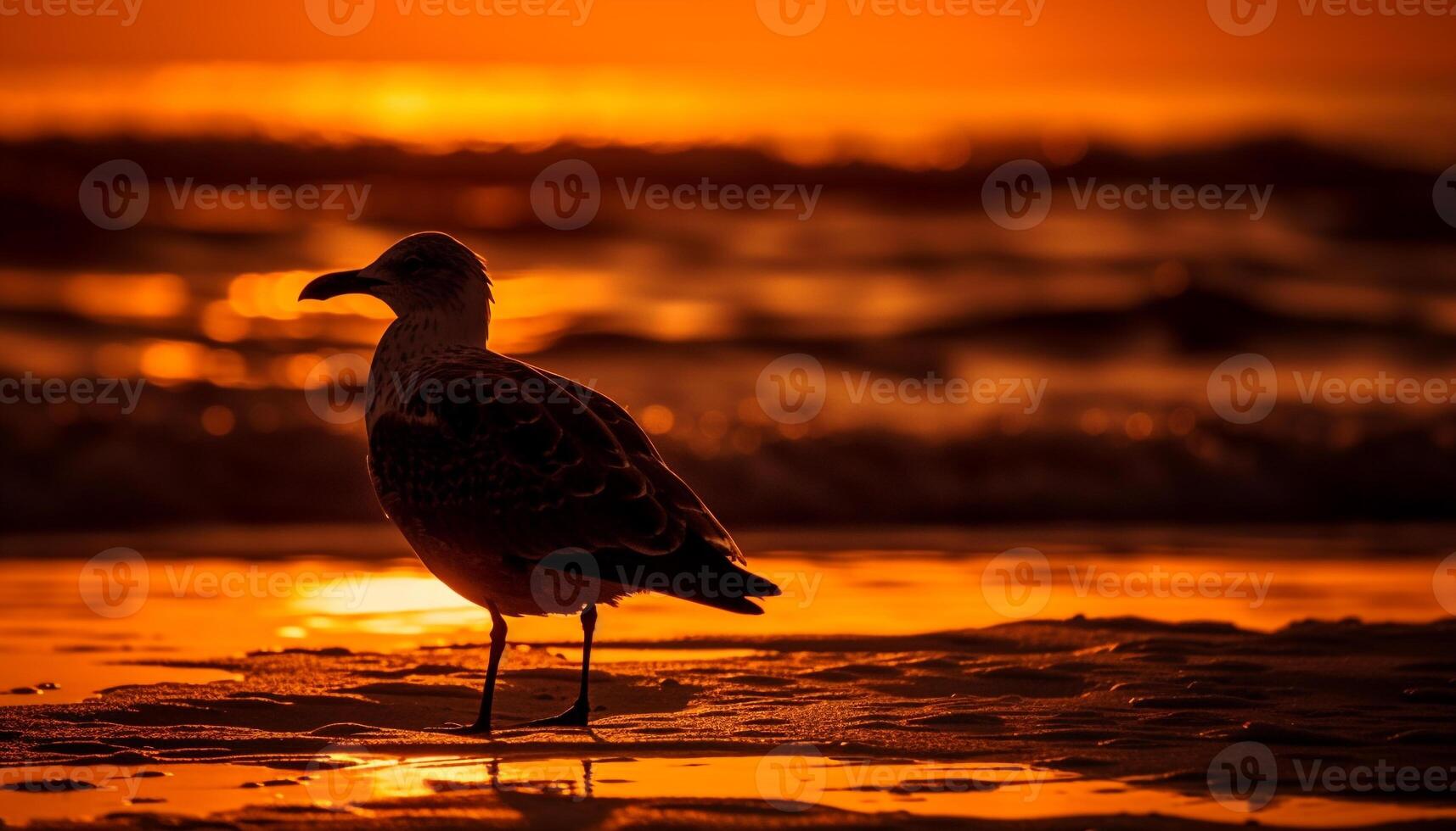 Silhouette of seagull flying into orange dawn generated by AI photo