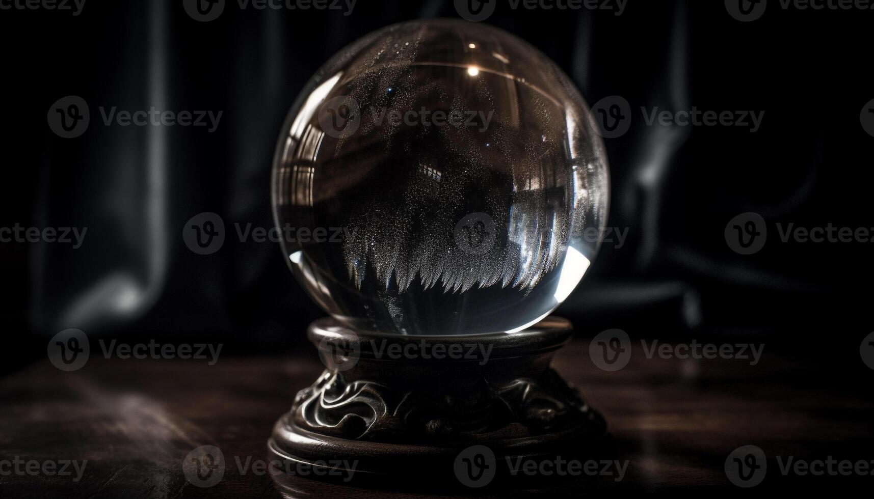 A crystal ball on a wooden table generated by AI photo