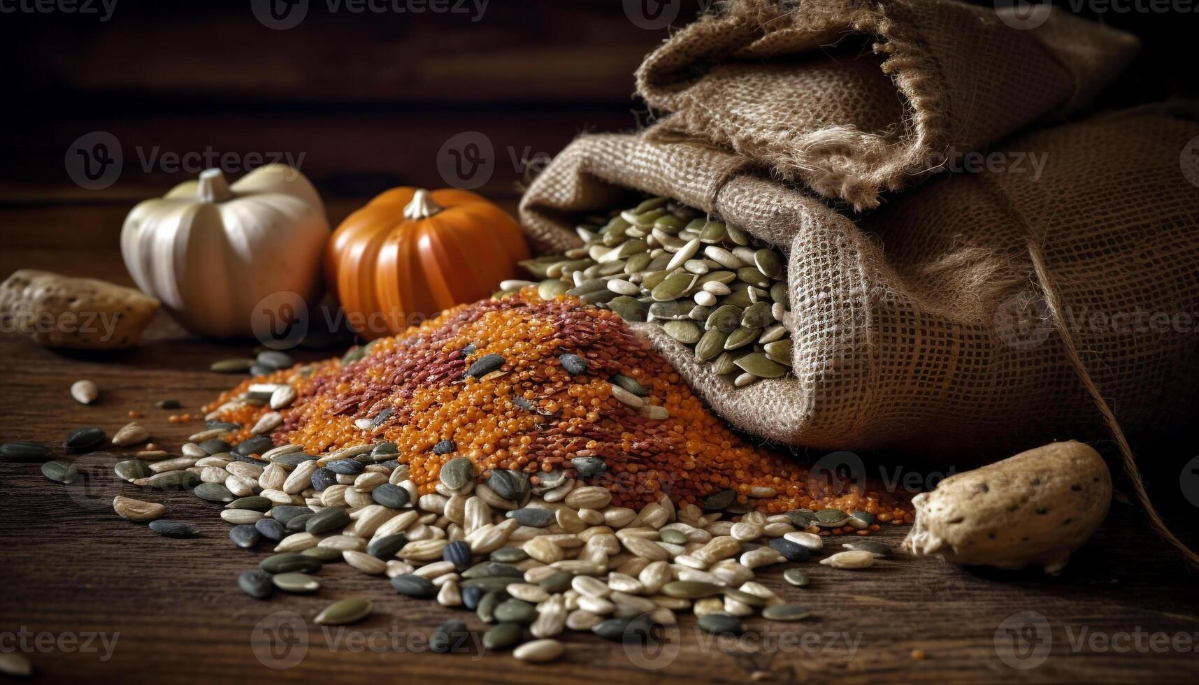 Heap of healthy autumn vegetables on rustic table generated by AI photo
