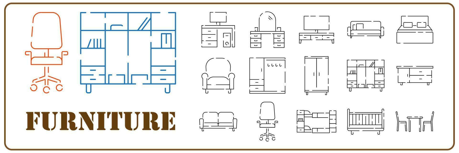 Simple furniture Vector Line Icons. Home design interior. Vector set.