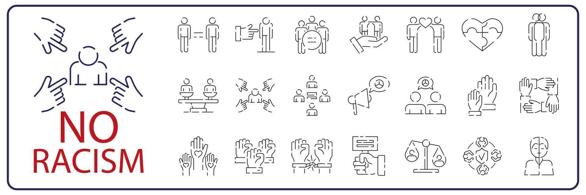 no racism outline icon set includes thin line peace, no racism, peace, human rights, diversity, tv, respect icons for report, presentation, diagram, web design. Social issues. vector