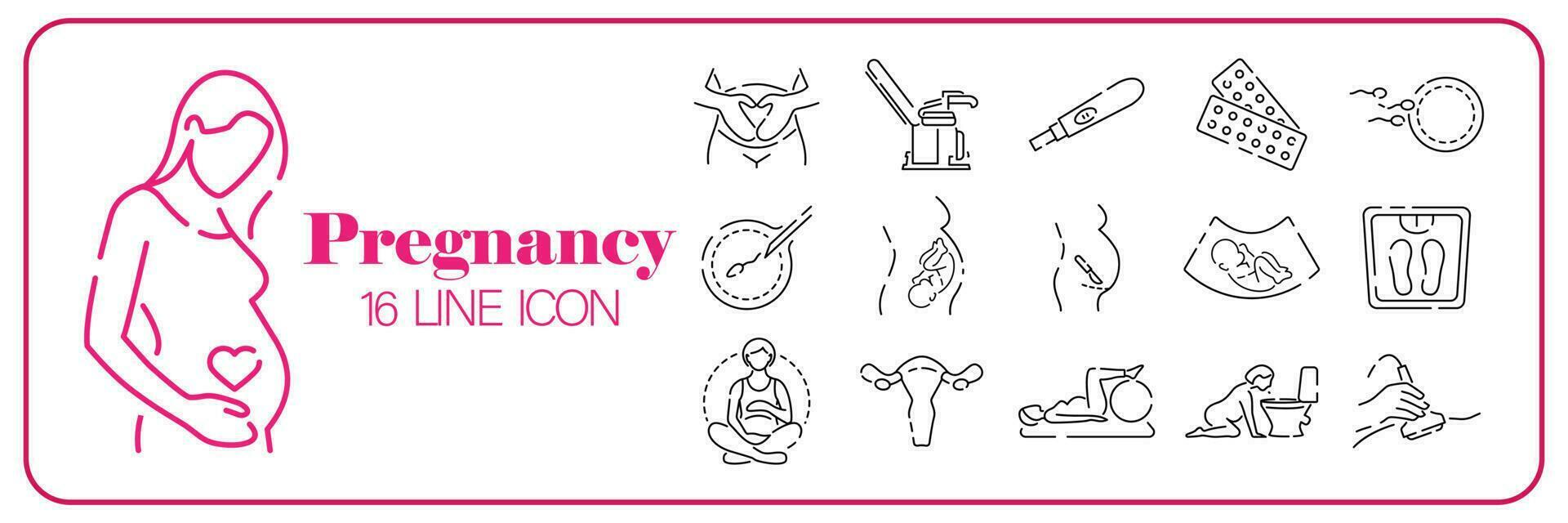 Pregnancy woman and newborn baby line icons set. Line style. Vector. vector