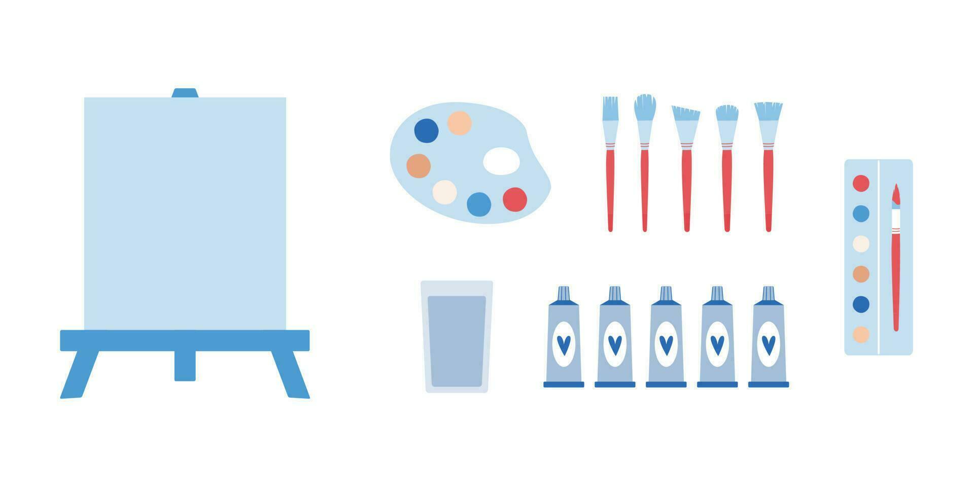 Flat vector painting tools in childish style. Hand drawn art supplies, paint brush, palm, gouache, acrylic, easel, palette