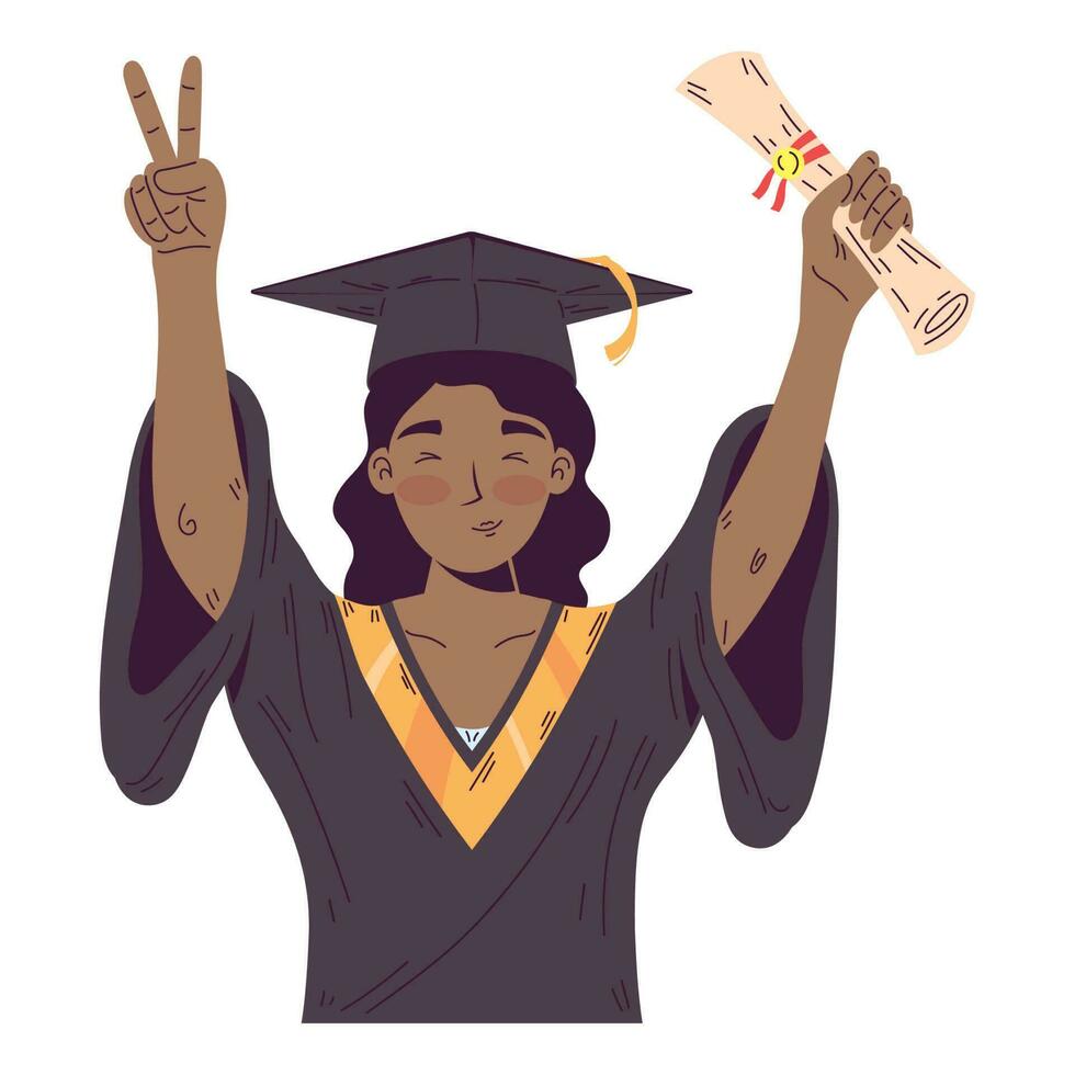 Smiling student holds diploma over white vector