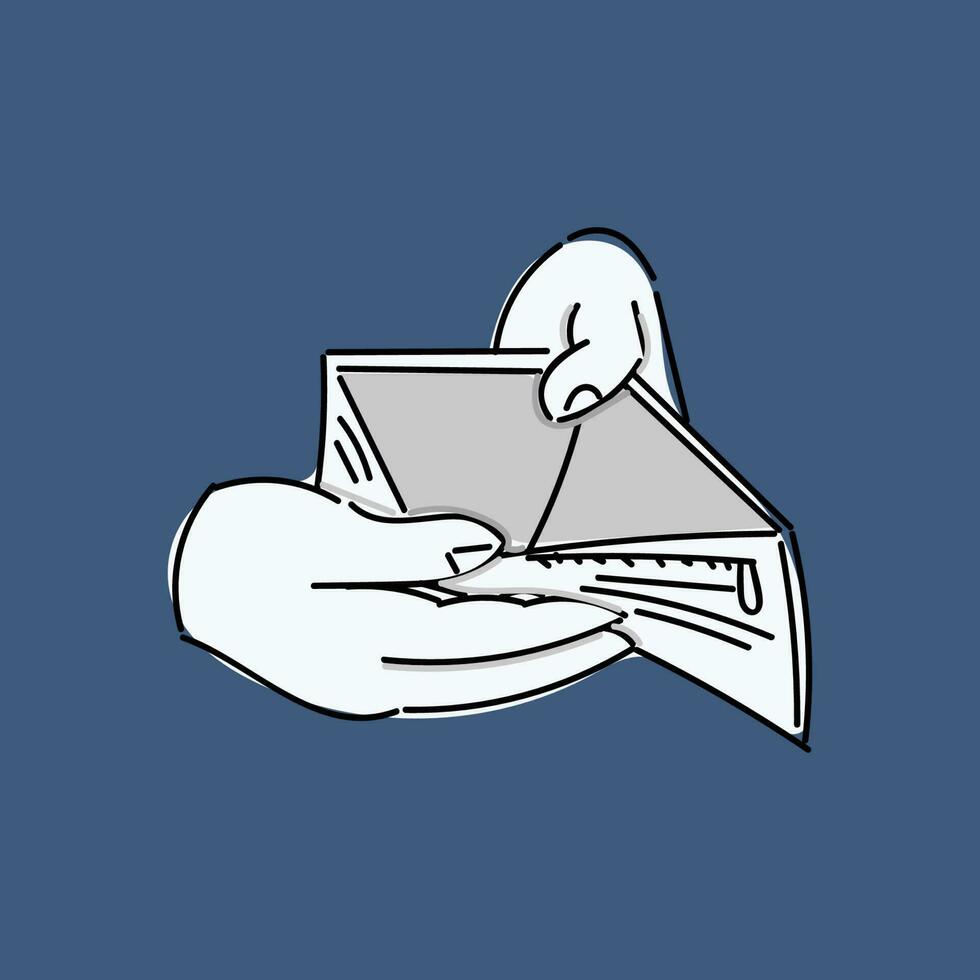 Holding hands and opening wallet with nothing, presents the concept of no money, bankruptcy, failure, financial crisis, or economic downturn. Vector illustration, line and doodle sketch style, simple