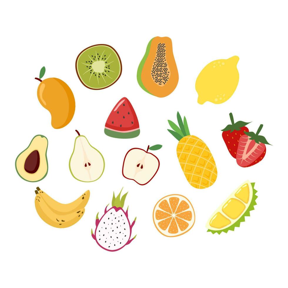 Fruit vector flat design apple banana pear avocado pineapple strawberry mango papaya dragon fruit orange, lemon, durian watermelon