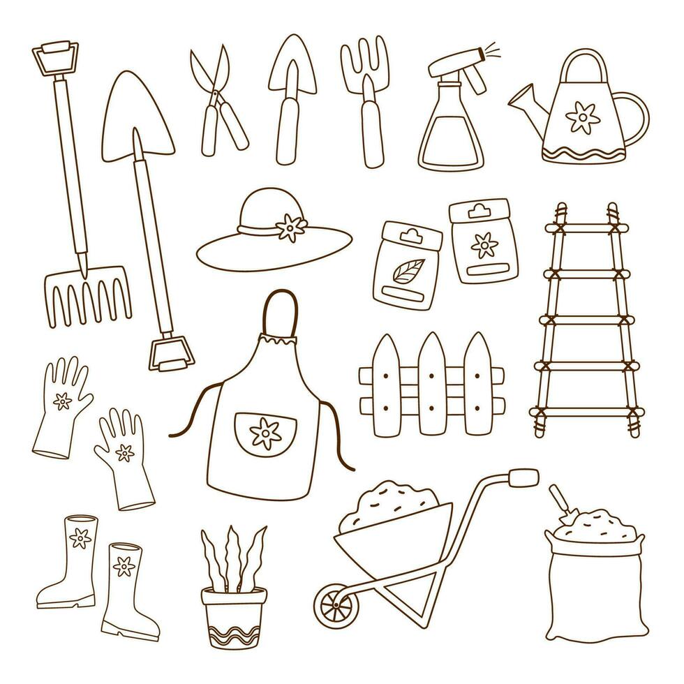 Gardening tools doodle set vector