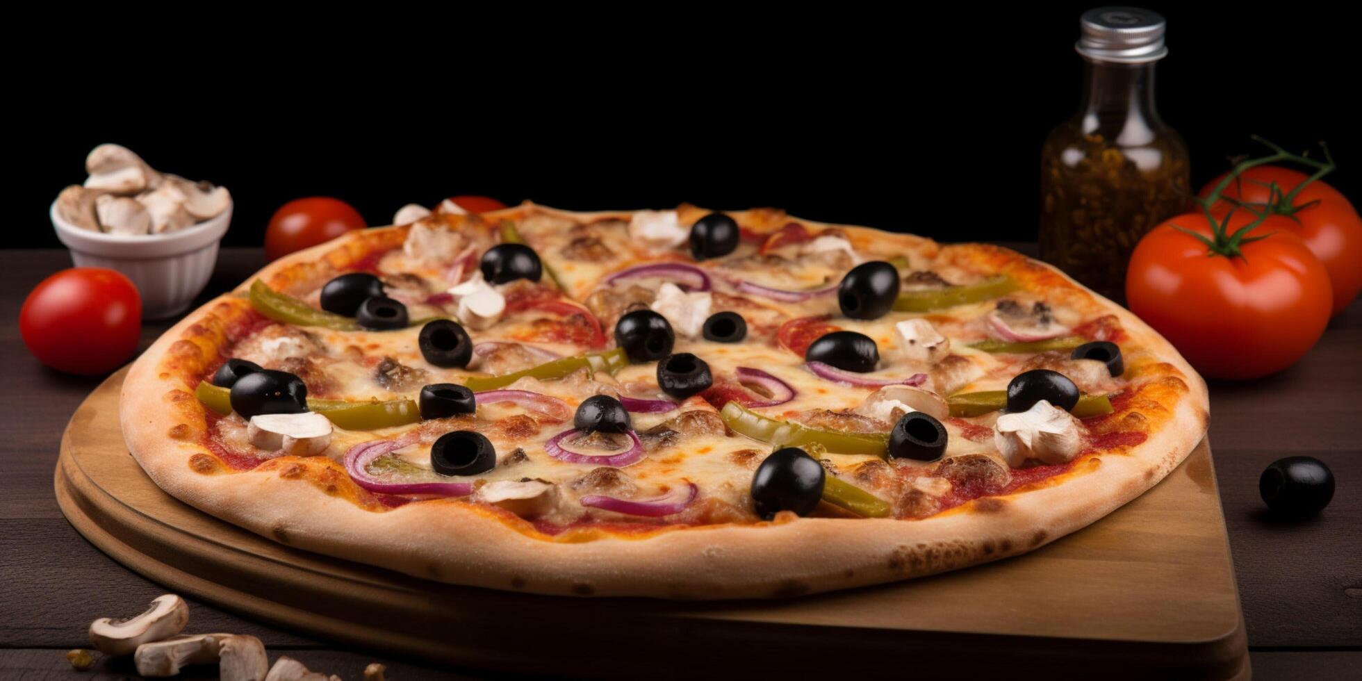 A pizza with tomatoes and olives photo