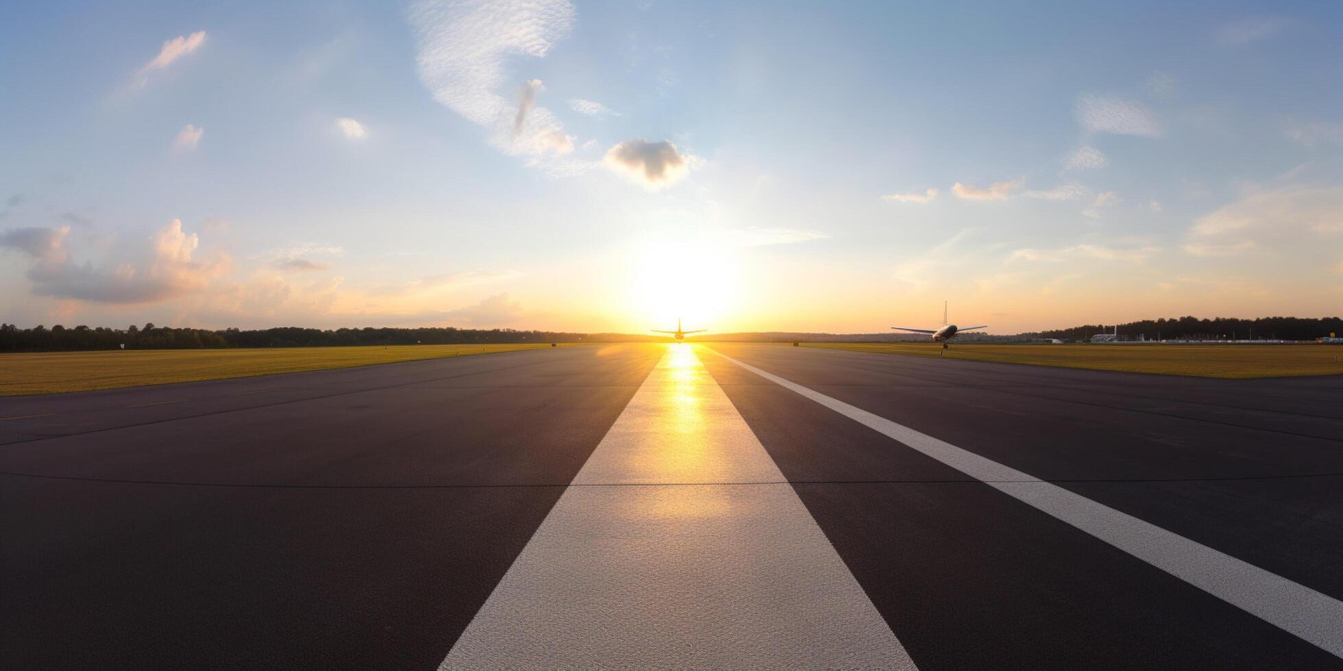 A picture of an airport with a sunset photo