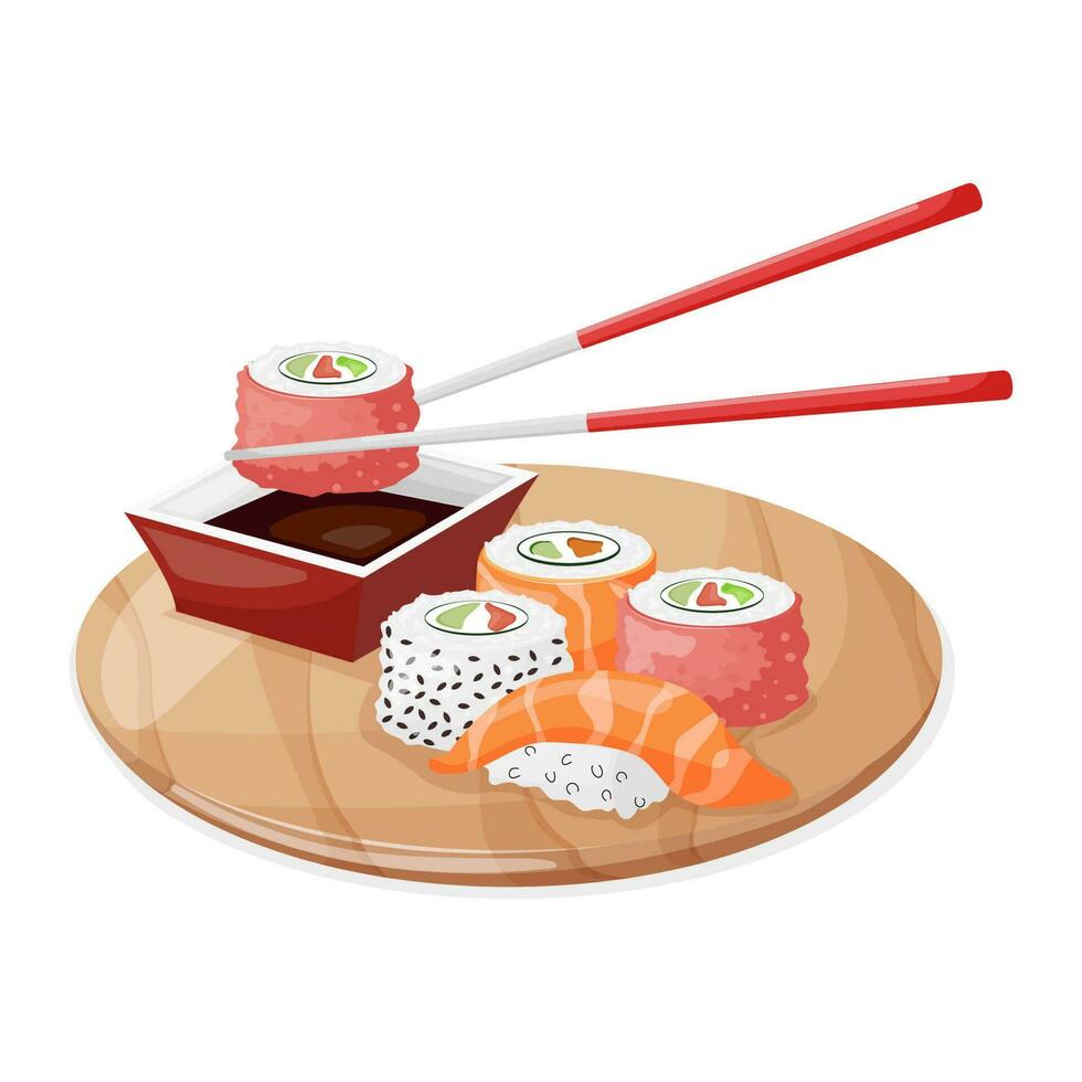 dibujos animados aislado plato con palillos y rollos con arroz. un vistoso conjunto de diferente tipos de Sushi en un bambú bandeja.aislado vector ilustración.