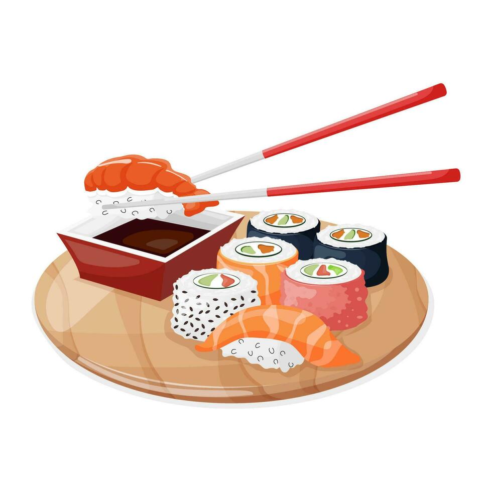 Sushi.A colorful set of different types of sushi on a bamboo tray, chopsticks and a bowl of soy sauce. Isolated vector illustration.