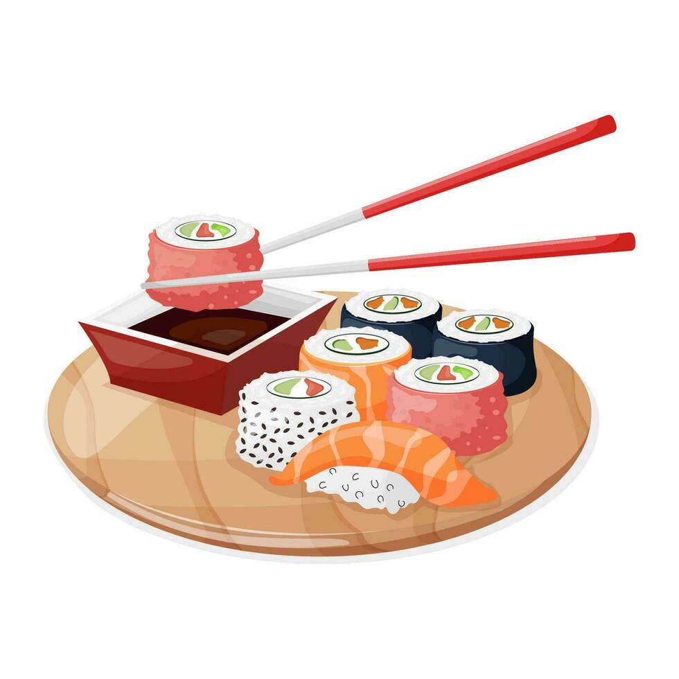 un vistoso conjunto de diferente tipos de Sushi en un bambú bandeja.dibujos animados aislado bambú plato con palillos y rollos con arroz. vector