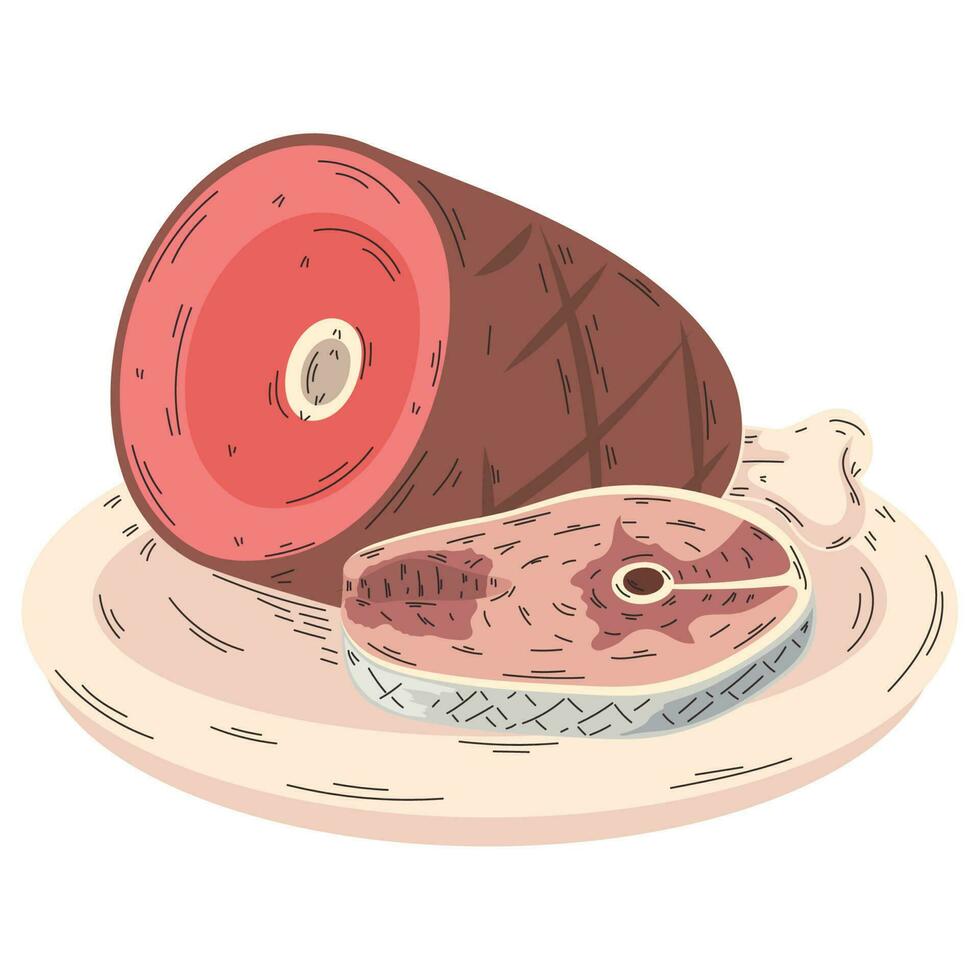 pork leg and salmon food vector