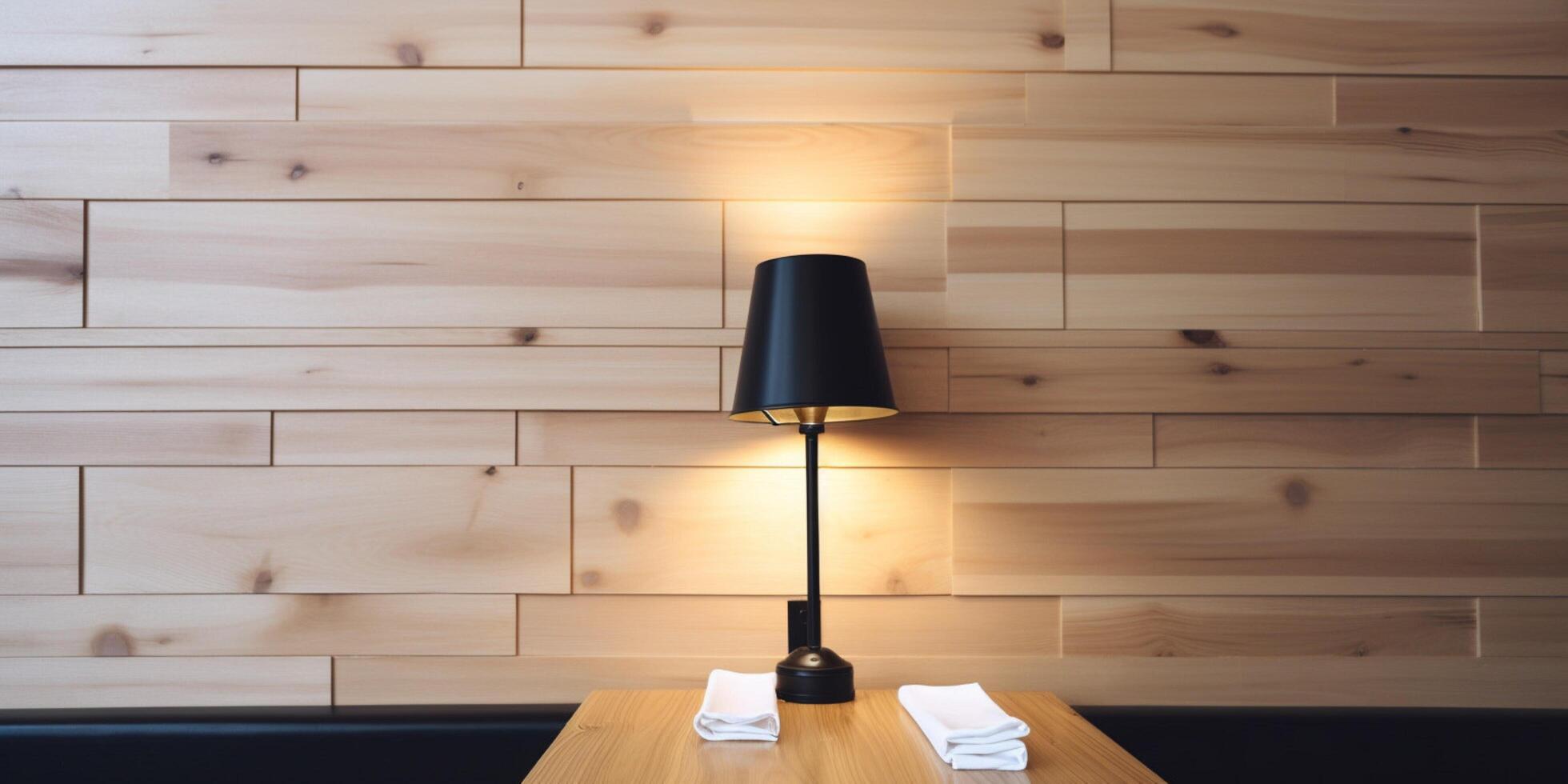 Wooden table in resturant with lamp photo