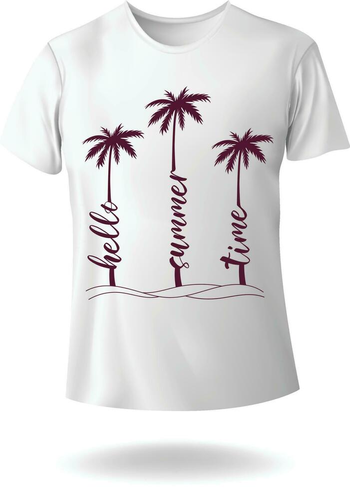 Hello Summer Time Typography with Sea Beach View Palm Tree Vector T-shirt Design eps 10