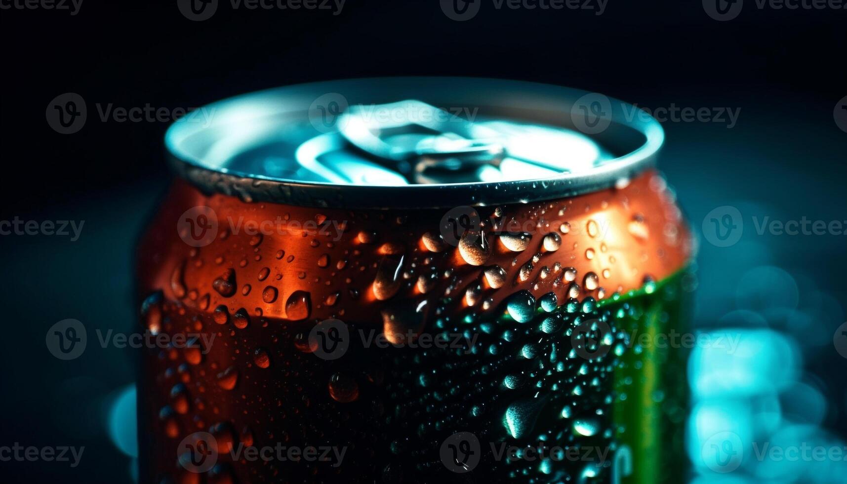 A blue dewy drop on metallic bottle generated by AI photo