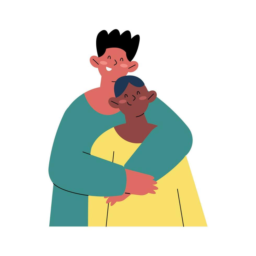 interracial boys in a brotherly hug characters vector