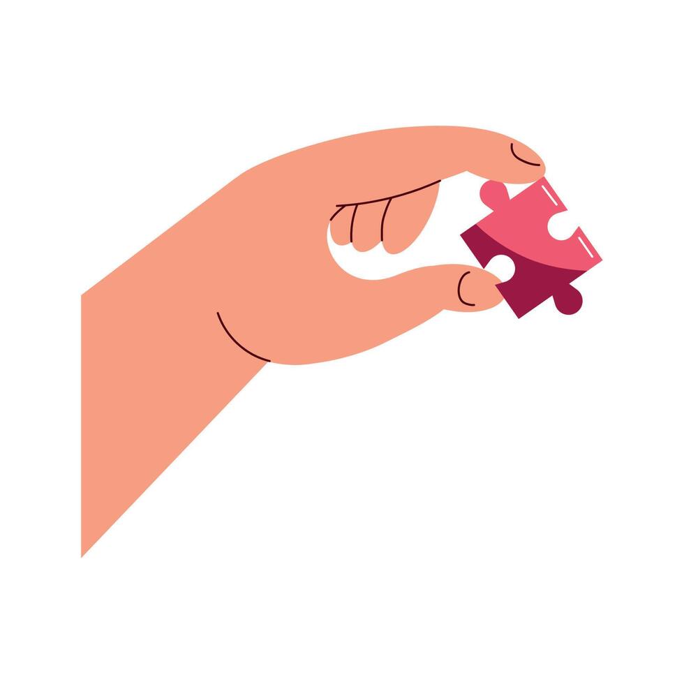 hand playing with red puzzle piece icon vector