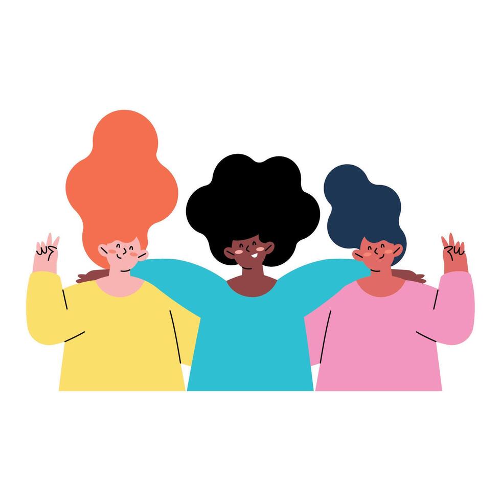 interracial muchachas abrazando amigos caracteres vector