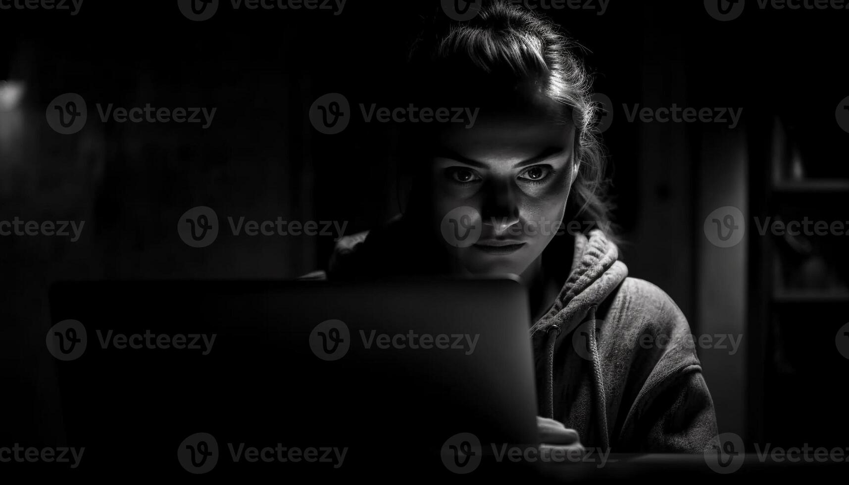 One young woman sitting alone, looking worried generated by AI photo