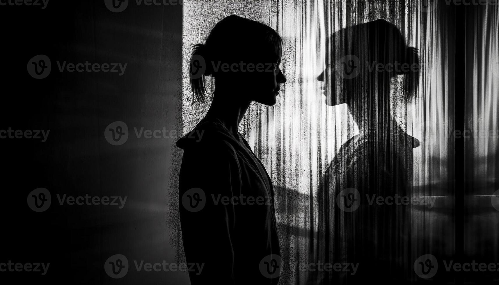Black and white silhouette embracing in window generated by AI photo