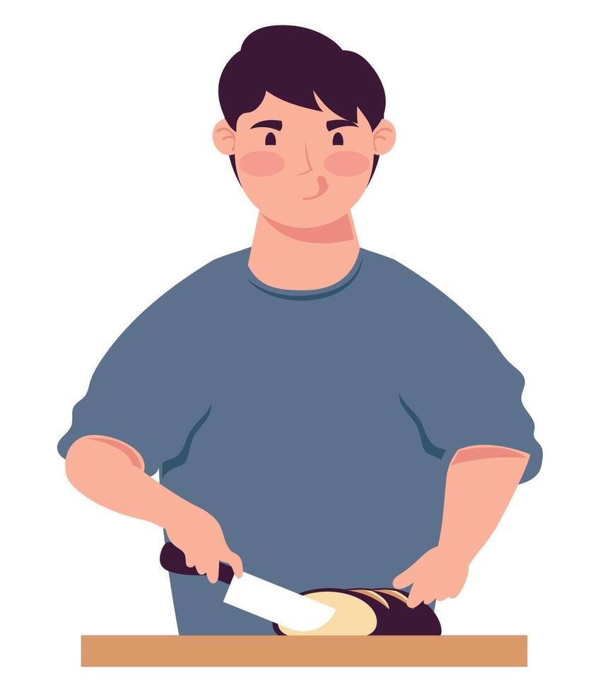 hombre corte un pan Cocinando personaje vector