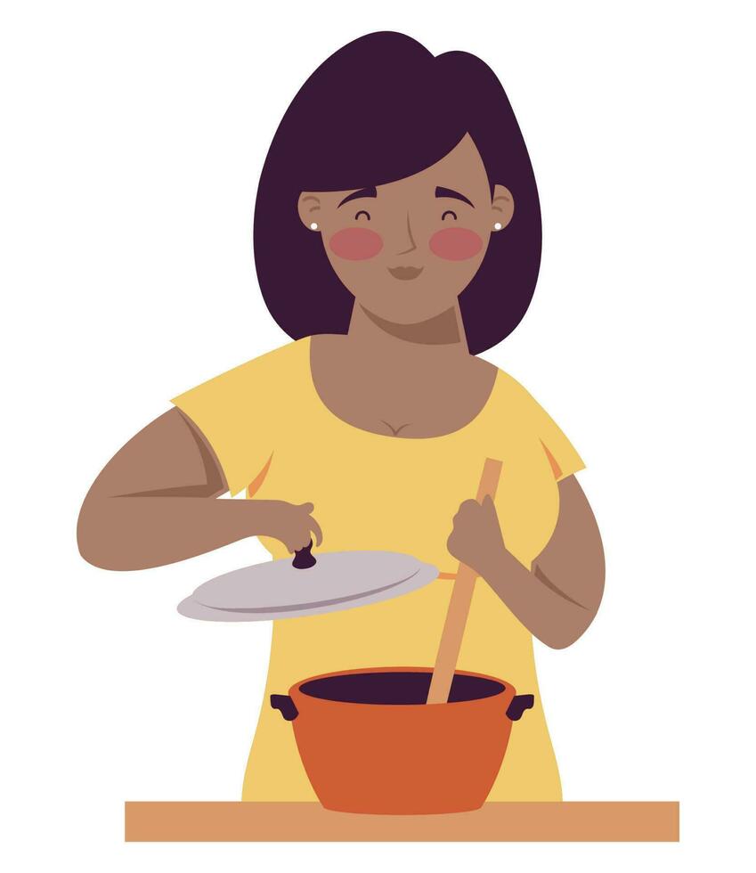 mujer afro Cocinando con maceta personaje vector