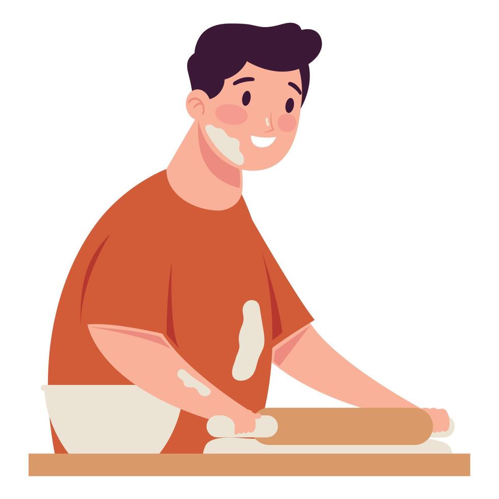 hombre Cocinando con de madera rodar personaje vector