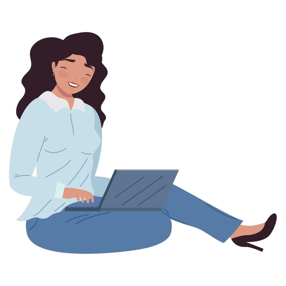 woman seated using laptop character vector