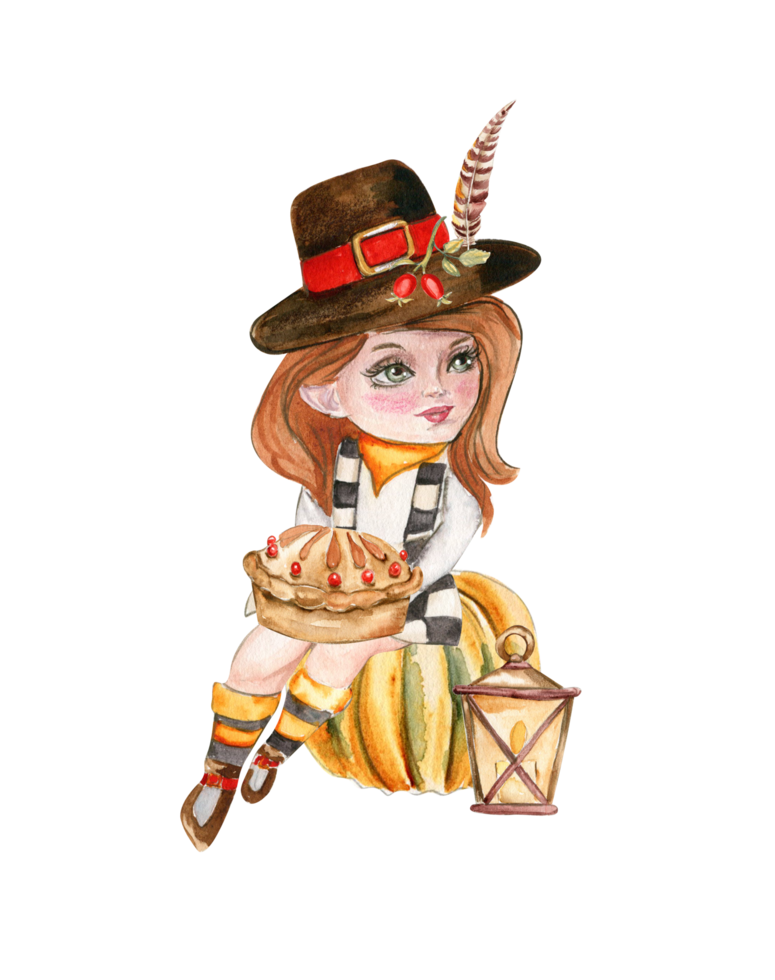 Composition of an autumn girl gnome and thanksgiving turkey. Hand drawn illustration of autumn. Perfect for scrapbooking, kids design, wedding invitation, posters, greetings cards, party decoration. png