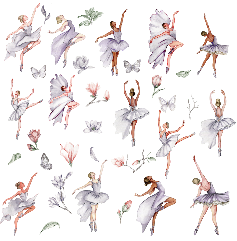 Watercolor dancing ballerina with butterfly set. png