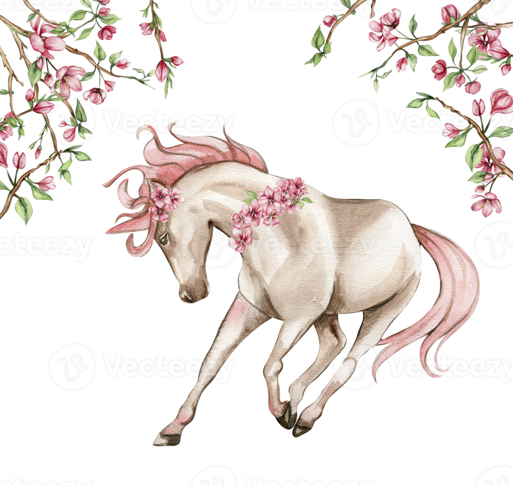White unicorn with pink wings and pink flowers. png