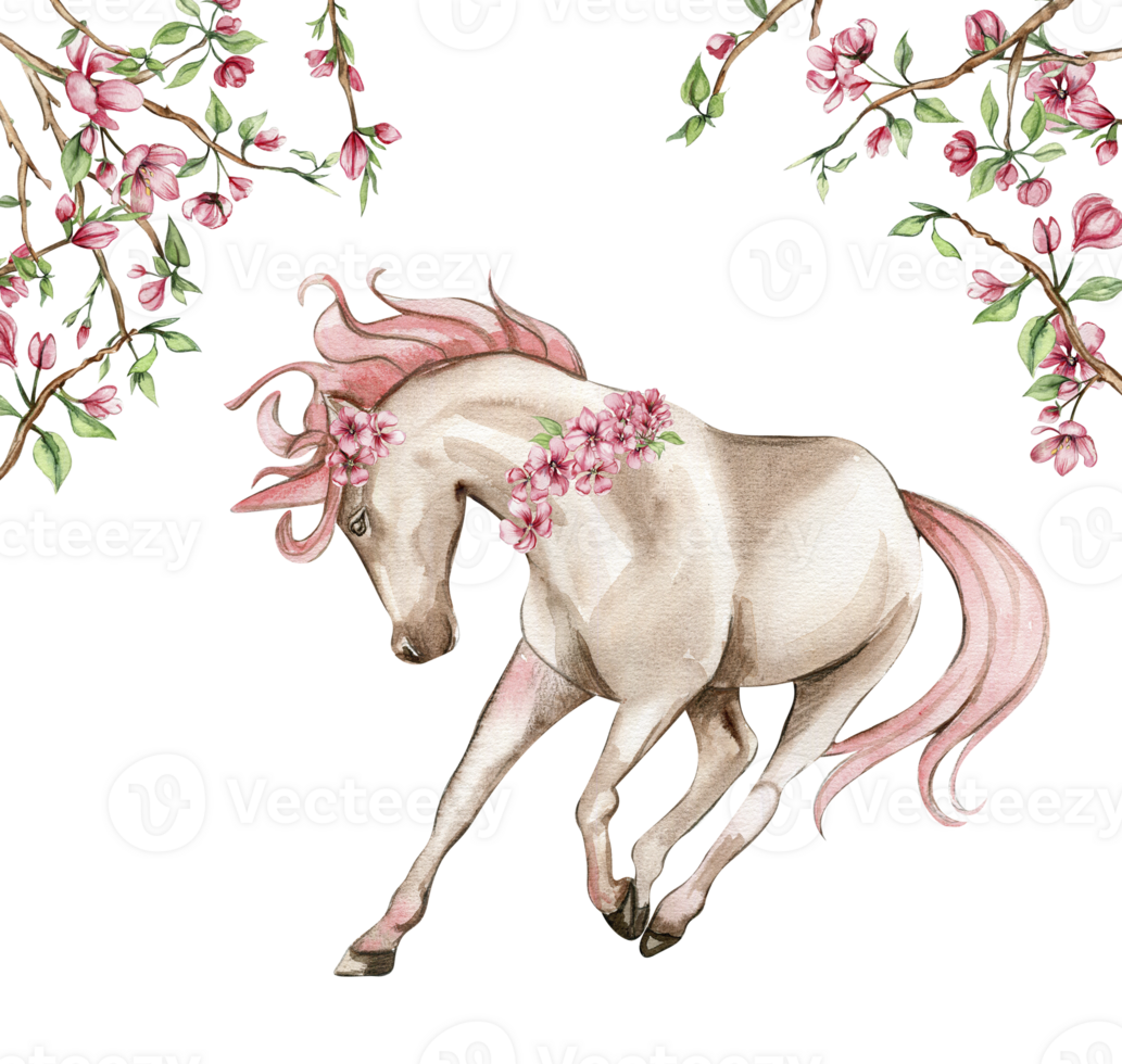 wit eenhoorn met roze Vleugels en roze bloemen. png