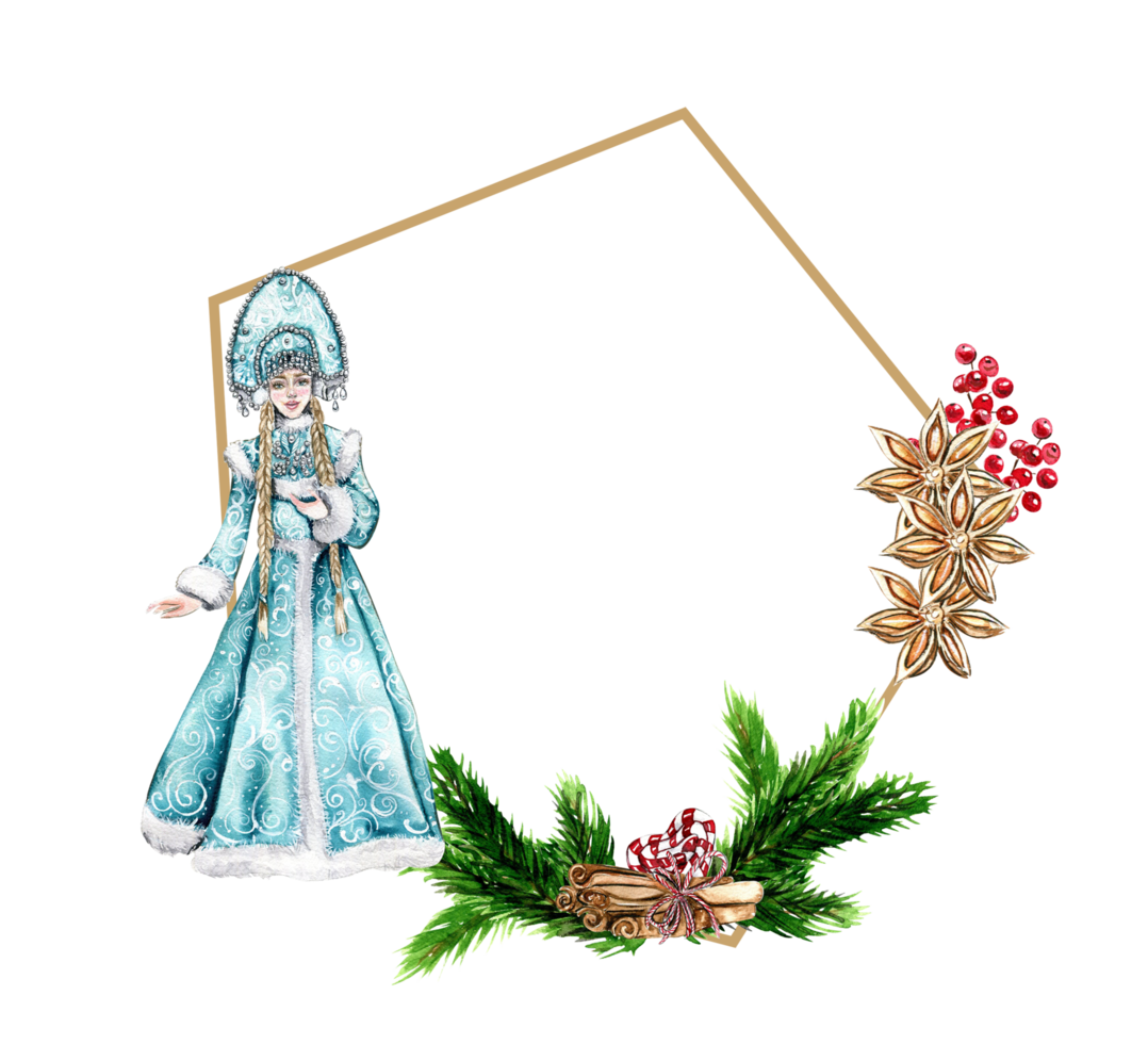 Christmas frame with fir branches and Snow maiden girl in blue dress.Watercolor hand drawn illustration for invitations, greeting cards, prints, packaging and more. Merry christmas and happy new year. png