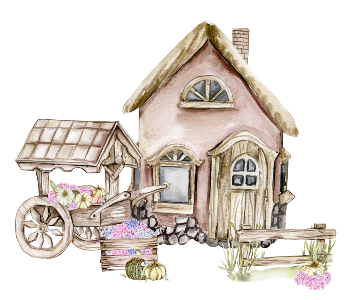 Fall composition with pink hydrangea ,pumpkins and farm house. png