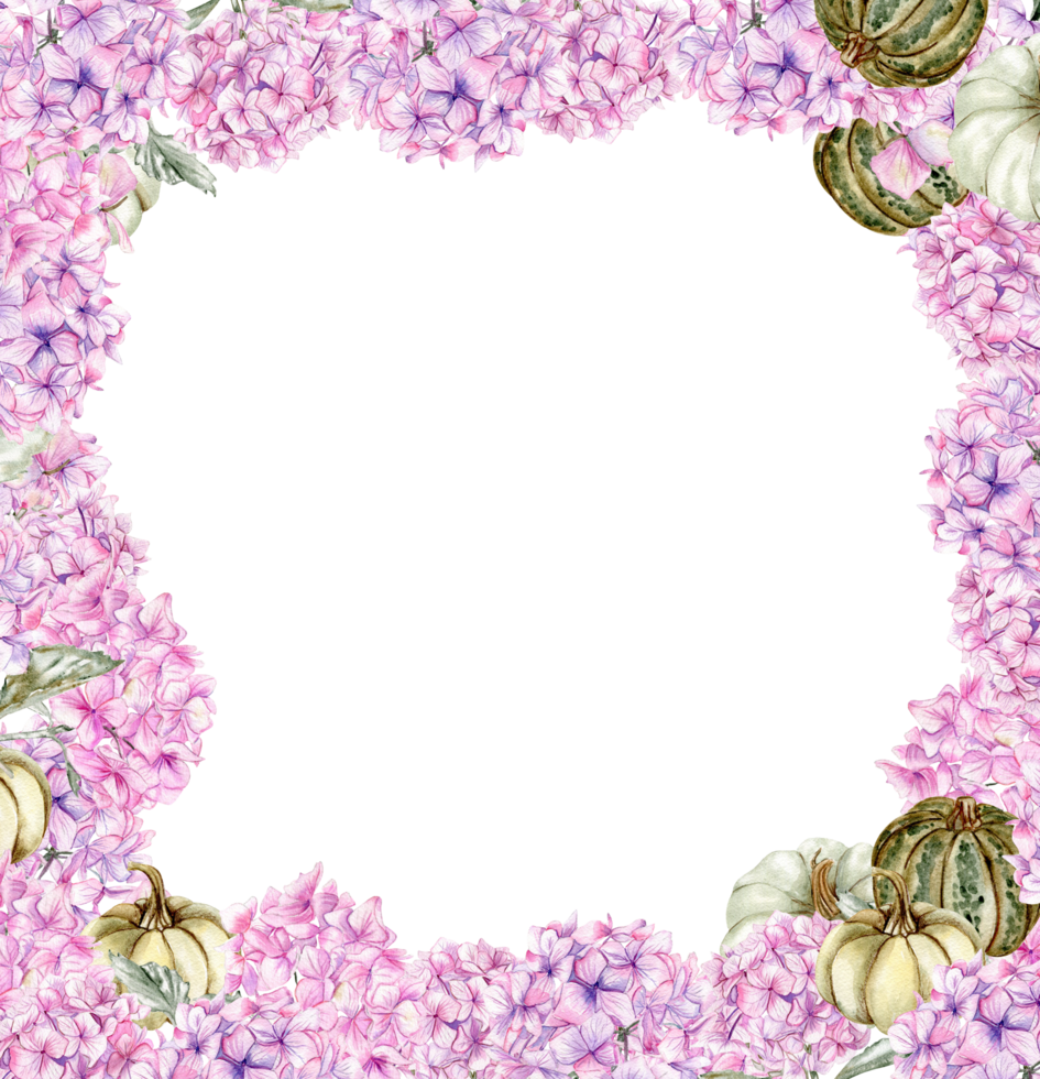 Autumn square frame with pink hydrangea and pumpkins. png