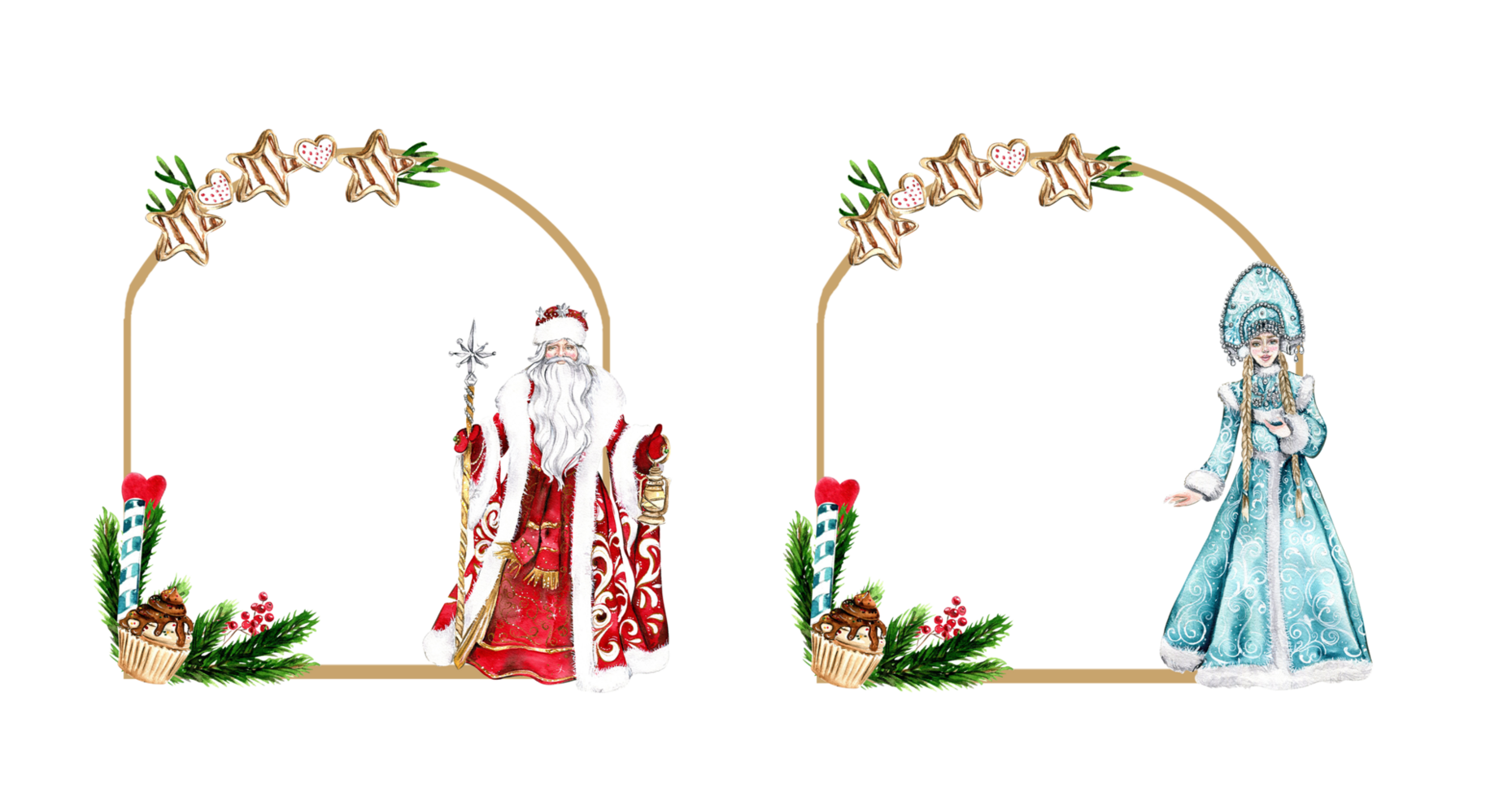 Christmas frame with fir branches and Snow maiden girl in blue dress with Santa Clause in red. Watercolor hand drawn illustration for invitations, greeting cards, prints, packaging and more. png