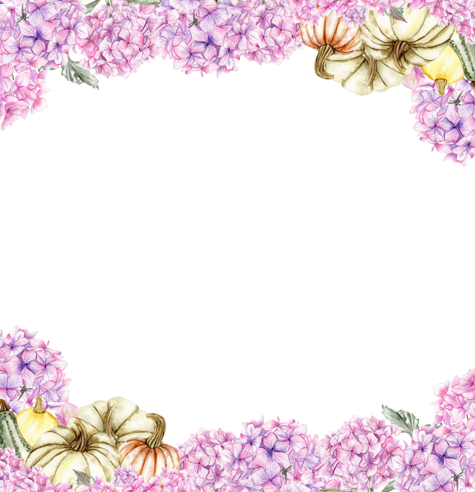 Autumn square frame with pink hydrangea and pumpkins. png