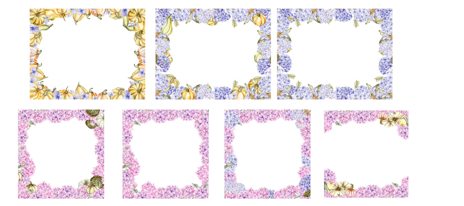 Autumn square frame with blue and pink hydrangea set. png